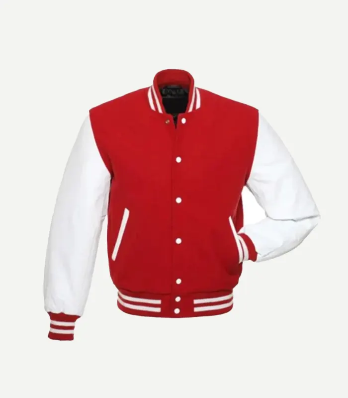 Red and White Varsity Jacket A three-quarter front view of the red and white varsity jacket. This angle showcases the contrast between the red wool body and the bright white leather sleeves, as well as the classic athletic silhouette.