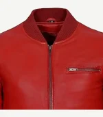 Red Leather Bomber Jacket showcasing a deep ruby hue and classic aviation-inspired design with premium hardware.