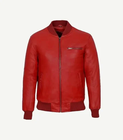 Red Leather Bomber Jacket for men highlighting a rich scarlet tone and detailed utility pockets for a functional look.