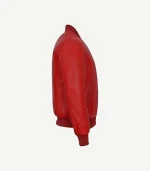 Red Leather Bomber Jacket for women featuring a vibrant crimson finish and a sleek, feminine tailored silhouette.