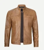 Detailed front view of a rub-off camel brown cafe racer leather jacket. The image emphasizes the vintage weathered patina of the leather and the four-pocket functional design with metallic zippers.