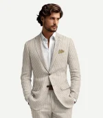 A full Tan Seersucker Style Suit that combines traditional summer fabric with a modern, slim silhouette.