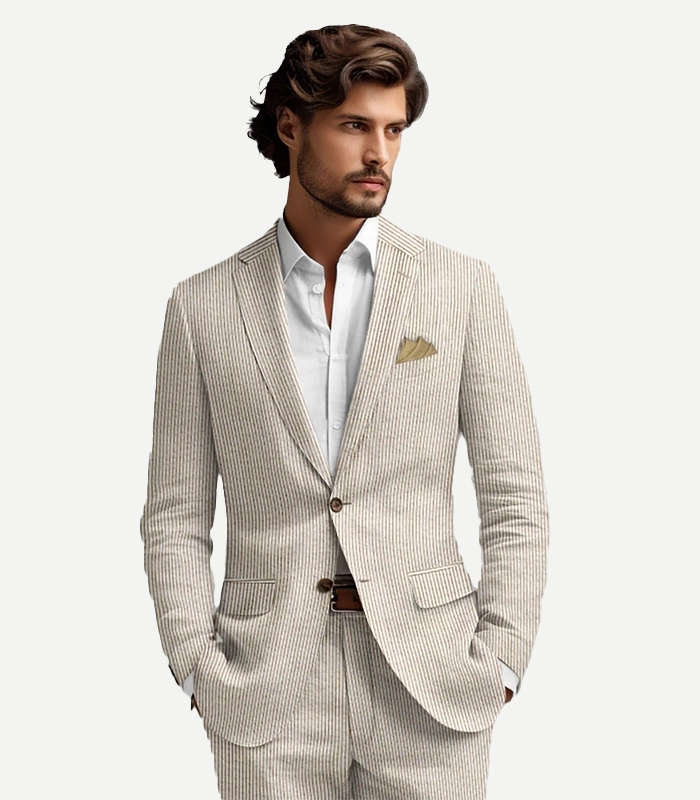 A full Tan Seersucker Style Suit that combines traditional summer fabric with a modern, slim silhouette.