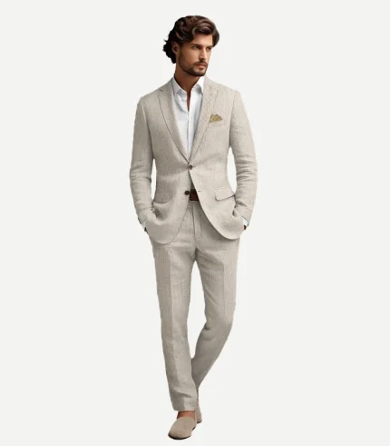 A complete Tan Seersucker Style Suit including a matching coat and trousers for a coordinated look.