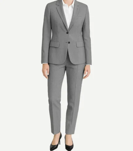 Womens Light Grey Suit featuring a tailored two-piece set with a single-breasted blazer and matching high-waisted trousers.