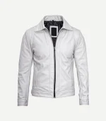 Front view of a crisp white leather jacket featuring a sharp pointed collar, full-length black zipper, and a smooth, minimalist tailored finish.