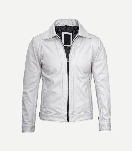 Front view of a crisp white leather jacket featuring a sharp pointed collar, full-length black zipper, and a smooth, minimalist tailored finish.
