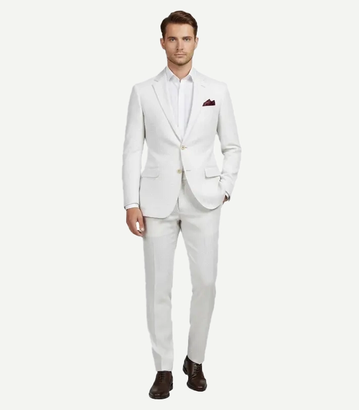 A professional White Seersucker Style Suit featuring a slim fit and a classic breathable texture.