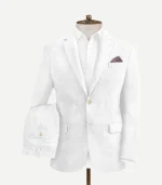 A crisp White Seersucker Style Suit with matching jacket and trousers in a light, puckered fabric.