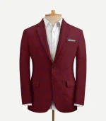 A Wine Checks Seersucker Style Suit with matching trousers and a coat featuring a rich burgundy grid pattern.