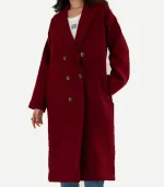 A premium Wine Red Wool Long Coat featuring a deep crimson color and a sleek, straight fit.