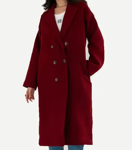 A premium Wine Red Wool Long Coat featuring a deep crimson color and a sleek, straight fit.
