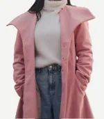 A Pink Wool Trench Coat displayed on a mannequin to show the tailored feminine fit.