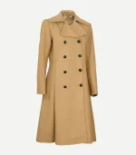 Beige Double Breasted Wool Trench Coat for women showing a belted waist and structured shoulders for a tailored silhouette.