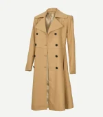 Beige Double Breasted Wool Trench Coat with detailed cuff straps and deep side pockets in a premium neutral beige wool.