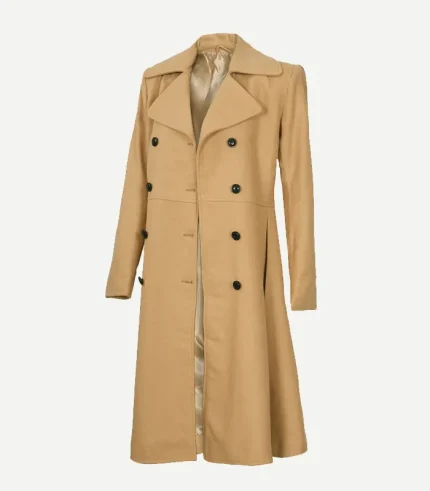 Beige Double Breasted Wool Trench Coat with detailed cuff straps and deep side pockets in a premium neutral beige wool.