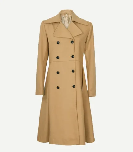 Beige Double Breasted Wool Trench Coat featuring a streamlined minimalist aesthetic and a high-quality textured wool surface.