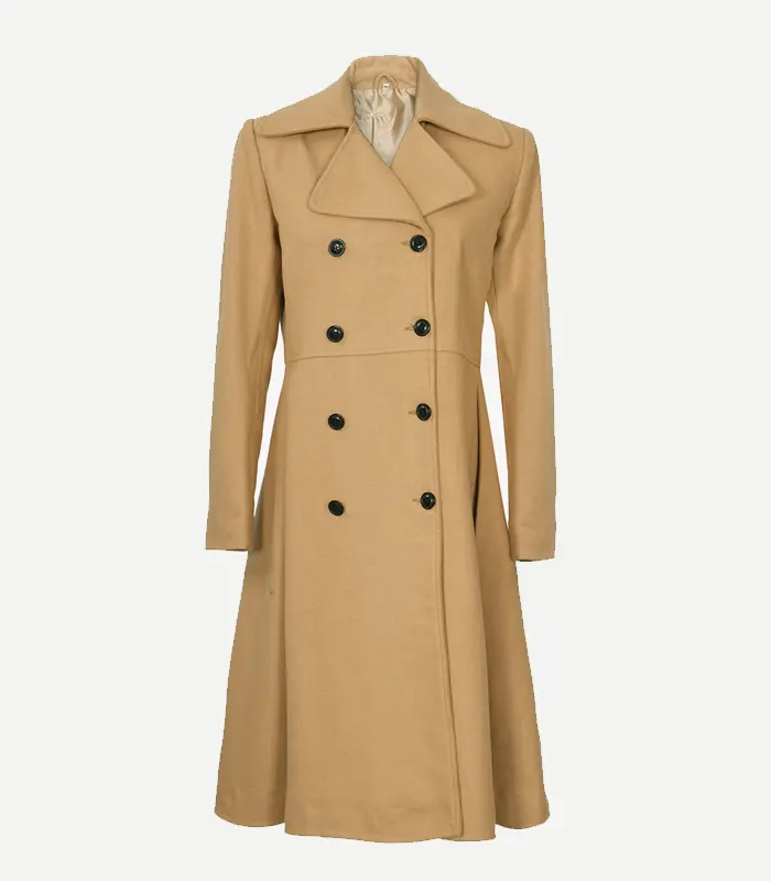Womens Beige Double Breasted Wool Trench Coat Beige Double Breasted Wool Trench Coat featuring a streamlined minimalist aesthetic and a high-quality textured wool surface.