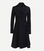 Black Double Breasted Wool Trench Coat for women showing a front view with structured shoulders and sharp notch lapels.