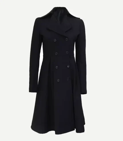Black Double Breasted Wool Trench Coat for women showing a front view with structured shoulders and sharp notch lapels.