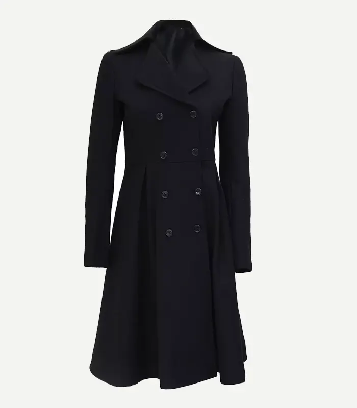 Black Double Breasted Wool Trench Coat for women showing a front view with structured shoulders and sharp notch lapels.