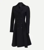 Black Double Breasted Wool Trench Coat featuring detailed cuff straps and high-quality tonal stitching in a deep black wool.