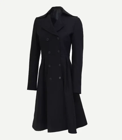 Black Double Breasted Wool Trench Coat featuring detailed cuff straps and high-quality tonal stitching in a deep black wool.
