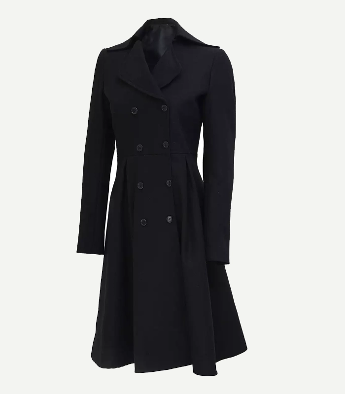 Black Double Breasted Wool Trench Coat featuring detailed cuff straps and high-quality tonal stitching in a deep black wool.