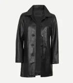 Black Leather Car Coat showing a front view with a minimalist aesthetic and a smooth, high-end leather texture.