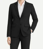 Womens Black Suit in a deep onyx finish showing the sharp notch lapels and high-quality tonal stitching for a sleek fit.