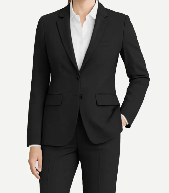 Womens Black Suit in a deep onyx finish showing the sharp notch lapels and high-quality tonal stitching for a sleek fit.