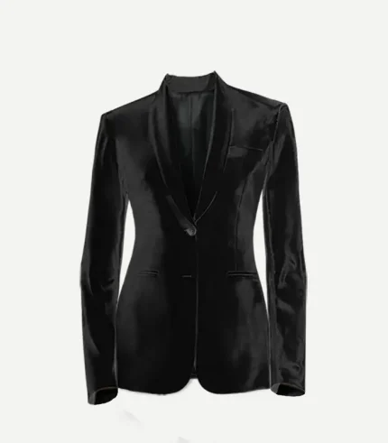 A studio product shot of a women's black velvet tuxedo jacket with a matching black satin shawl lapel. The jacket features a single-button closure, slim-fit silhouette, and a small welt pocket on the chest.