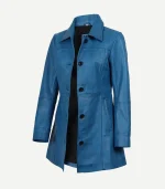 Womens Blue Leather Car Coat with a structured silhouette and a vibrant royal blue leather texture for a modern look.