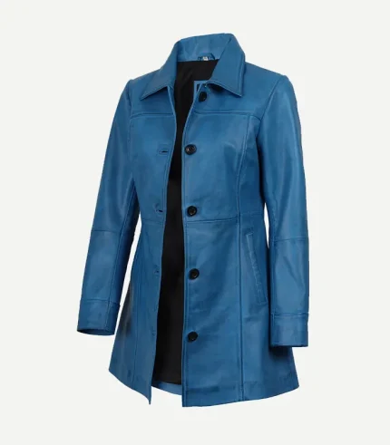 Womens Blue Leather Car Coat with a structured silhouette and a vibrant royal blue leather texture for a modern look.