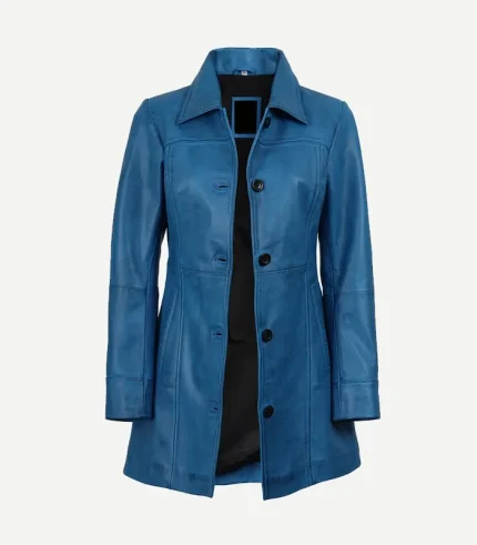Womens Blue Leather Car Coat featuring a minimalist design and a smooth, high-end leather finish in a slate blue tone.