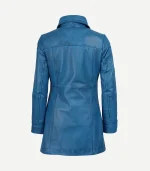 Womens Blue Leather Car Coat in a deep navy finish with a streamlined mid-length cut and a professional button front.