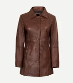 Womens Cognac Leather Car Coat showing a front view with a structured spread collar and high-quality tonal stitching.