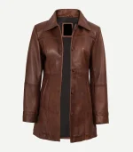 Womens Cognac Leather Car Coat featuring a streamlined profile and a deep russet leather texture for a high-end look.