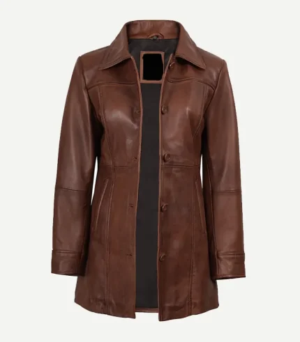 Womens Cognac Leather Car Coat featuring a streamlined profile and a deep russet leather texture for a high-end look.