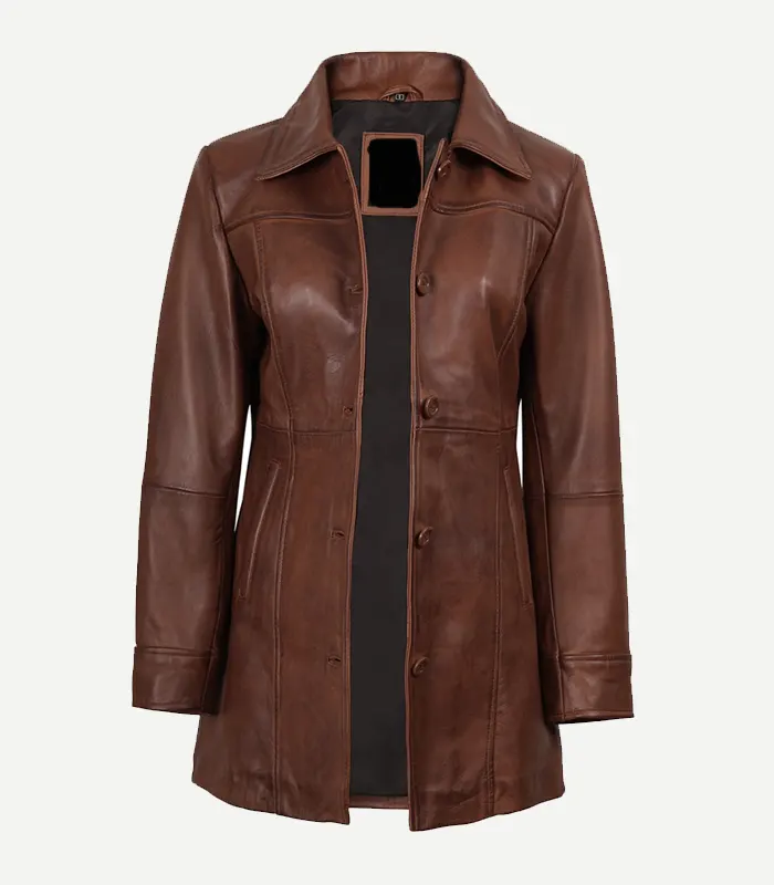 Womens Cognac Leather Car Coat Womens Cognac Leather Car Coat featuring a streamlined profile and a deep russet leather texture for a high-end look.