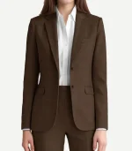 Womens Dark Brown Suit in a deep cocoa finish showing the sharp notch lapels and high-quality tonal stitching details.