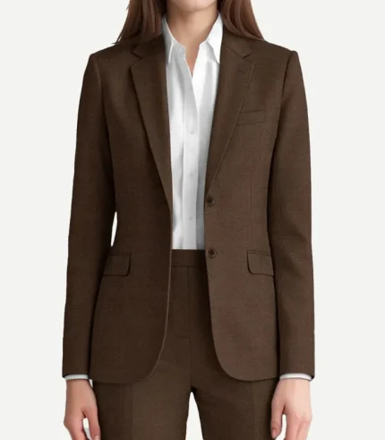 Womens Dark Brown Suit in a deep cocoa finish showing the sharp notch lapels and high-quality tonal stitching details.