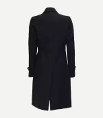 Womens Double Breasted Black Wool Coat featuring a classic six-button front and sharp peak lapels in a deep onyx finish.