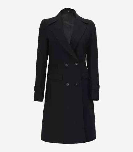 Womens Double Breasted Black Wool Coat showing a side profile with a belted waist and high-quality tonal stitching details.