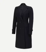Womens Double Breasted Black Wool Coat with a full-length cut and a structured minimalist design in a high-end wool fabric.