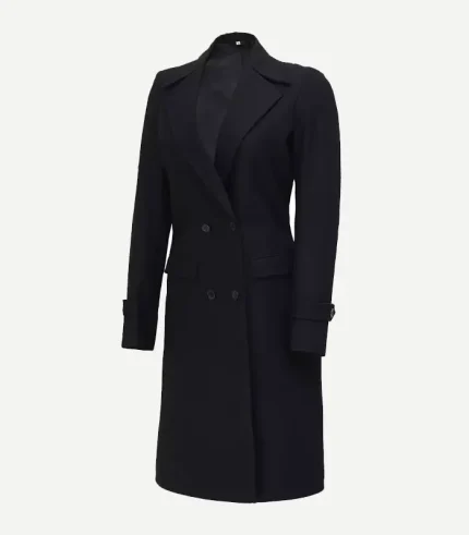 Womens Double Breasted Black Wool Coat with a full-length cut and a structured minimalist design in a high-end wool fabric.