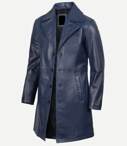 Blue Leather Coat for women featuring a sleek character-driven design and premium hardware for a standout 2026 fashion profile.