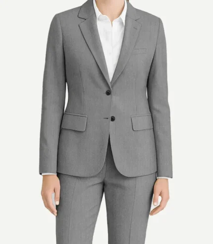 Womens Light Grey Suit in a soft heather grey finish showing the sharp notch lapels and a streamlined, feminine silhouette.