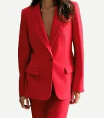 Front view of a Womens Long Slim Red Blazer featuring a single button and narrow lapels.