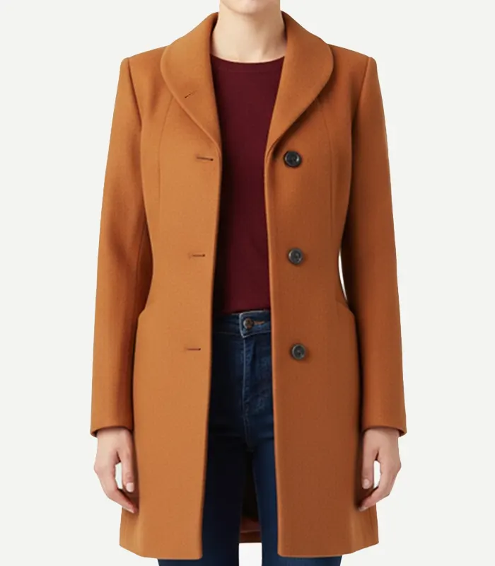 Womens Mid Length Rust Wool Coat showing a tailored front view with a classic lapel and high-quality button closures.